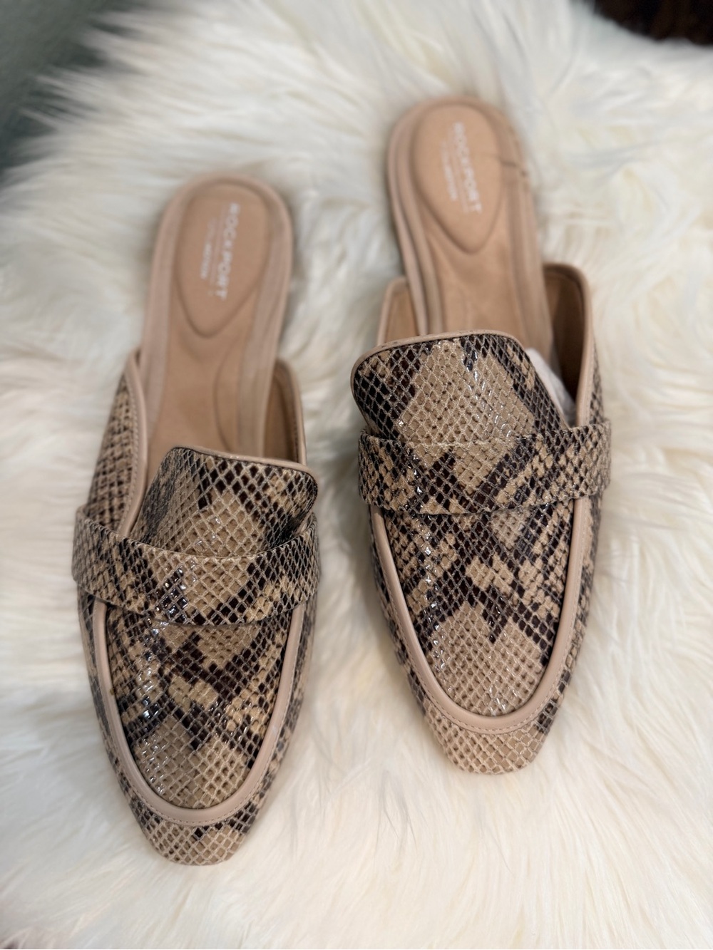 Rockport Beige Taupe Snake-Print Backless Mules